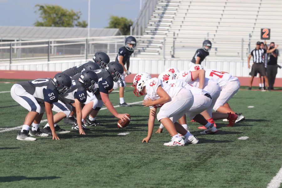 Canyon+Football+Team+lines+up+against+Boerne+Champion.