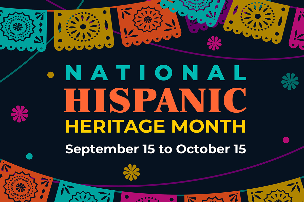 Hispanic heritage month. Vector web banner, poster, card for social media, networks. Greeting with national Hispanic heritage month text, Papel Picado pattern, perforated paper on black background